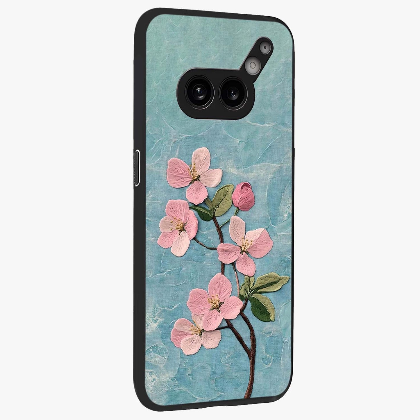 Threaded Blossom Breeze Glass Case upright view showcasing graceful flower artwork with calm botanical theme.