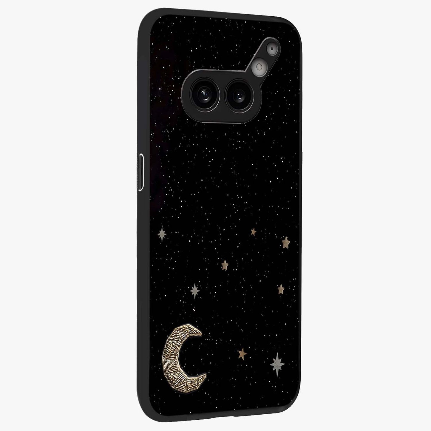 Twinkle Star With Half Moon Glass Case upright view showcasing glowing cosmic artwork with dreamy night theme.