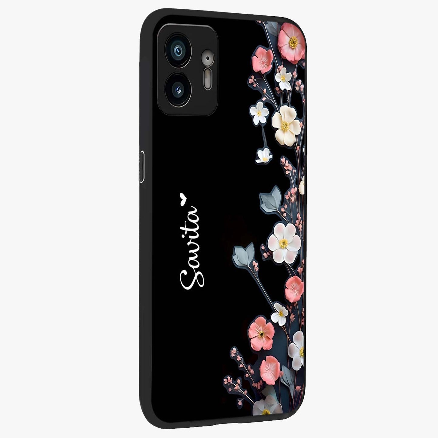 Black Elegance Floral Custom Name Glass Case upright view showcasing luxurious black floral design with personalized name detail.