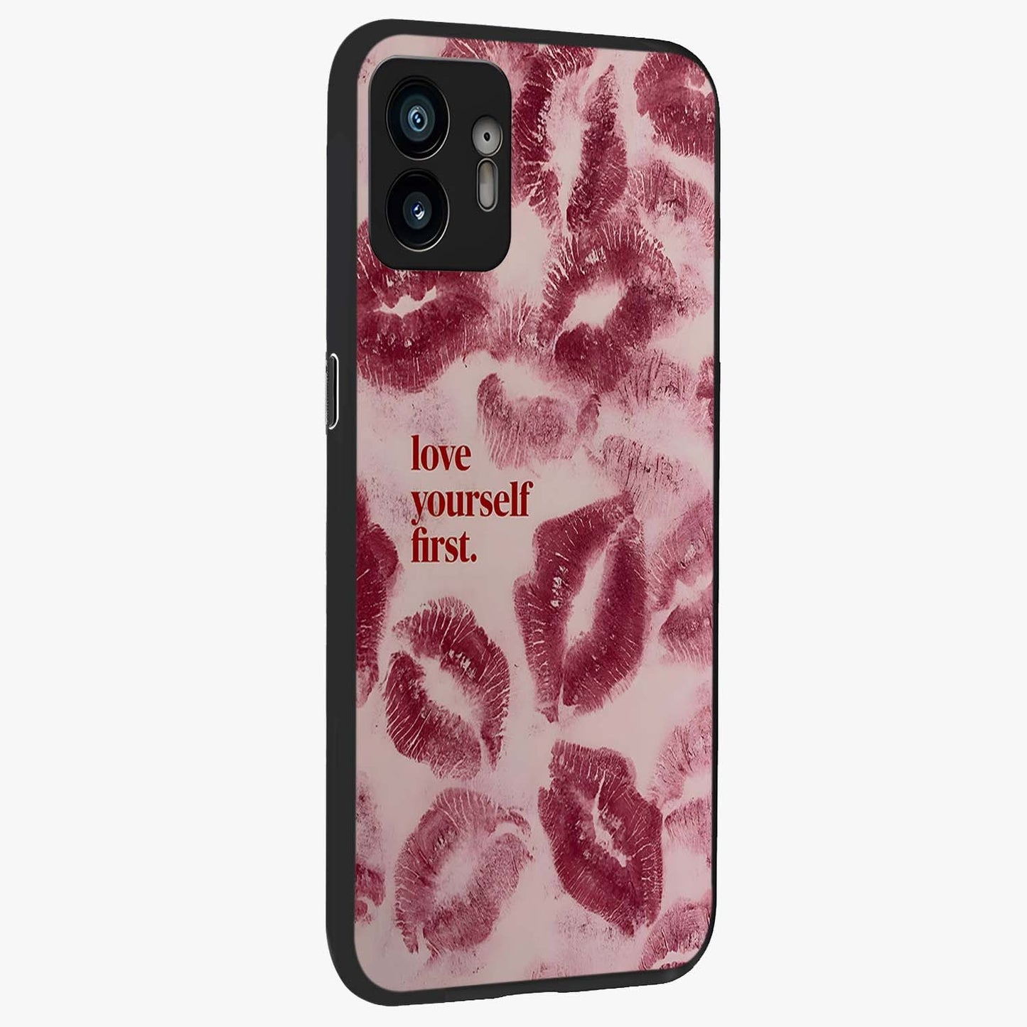 Crimson Kiss Love Glass Case upright view showcasing expressive romantic artwork with deep crimson theme.