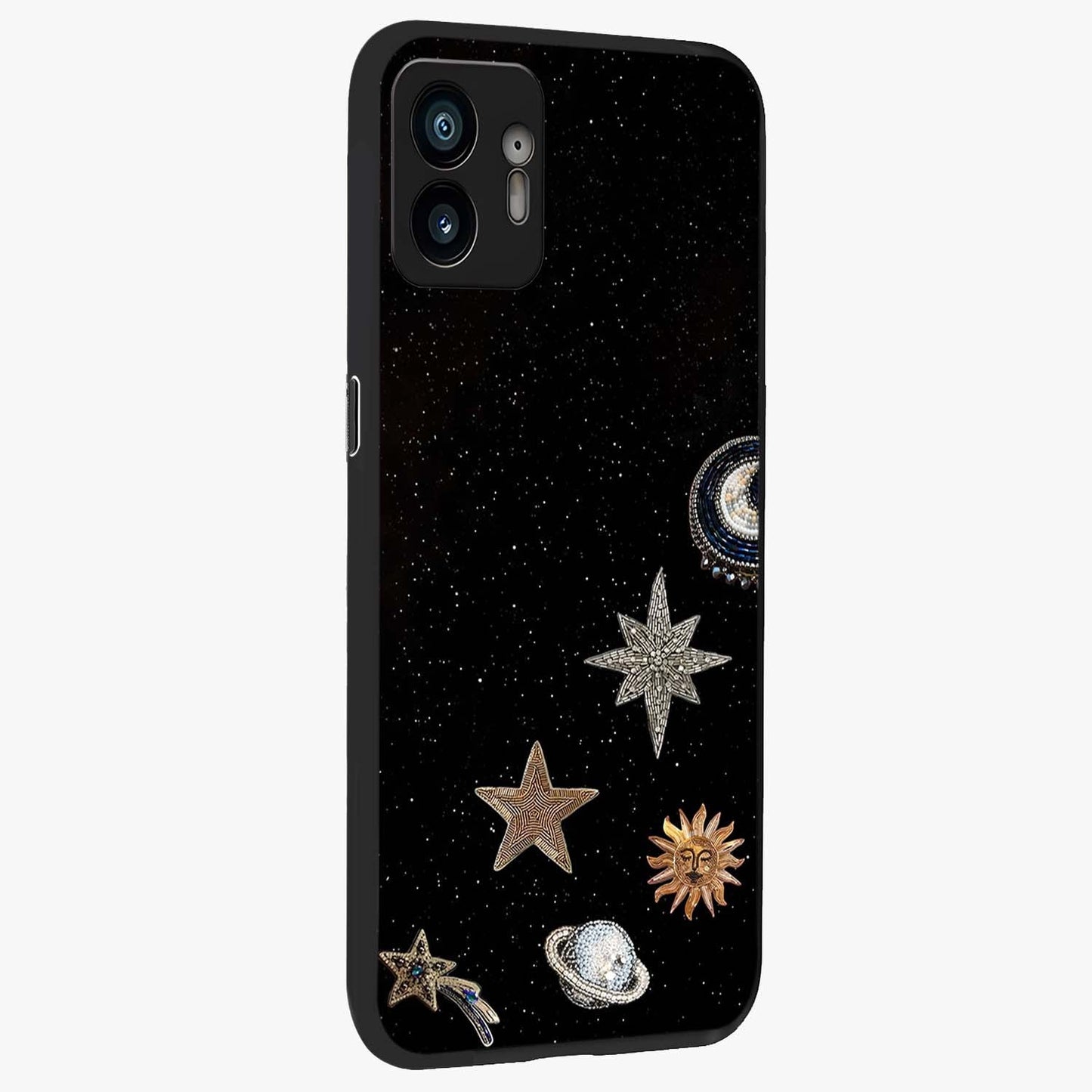 Galactic Charm Glow Glass Case upright view showcasing glowing cosmic charm artwork with magical celestial style.