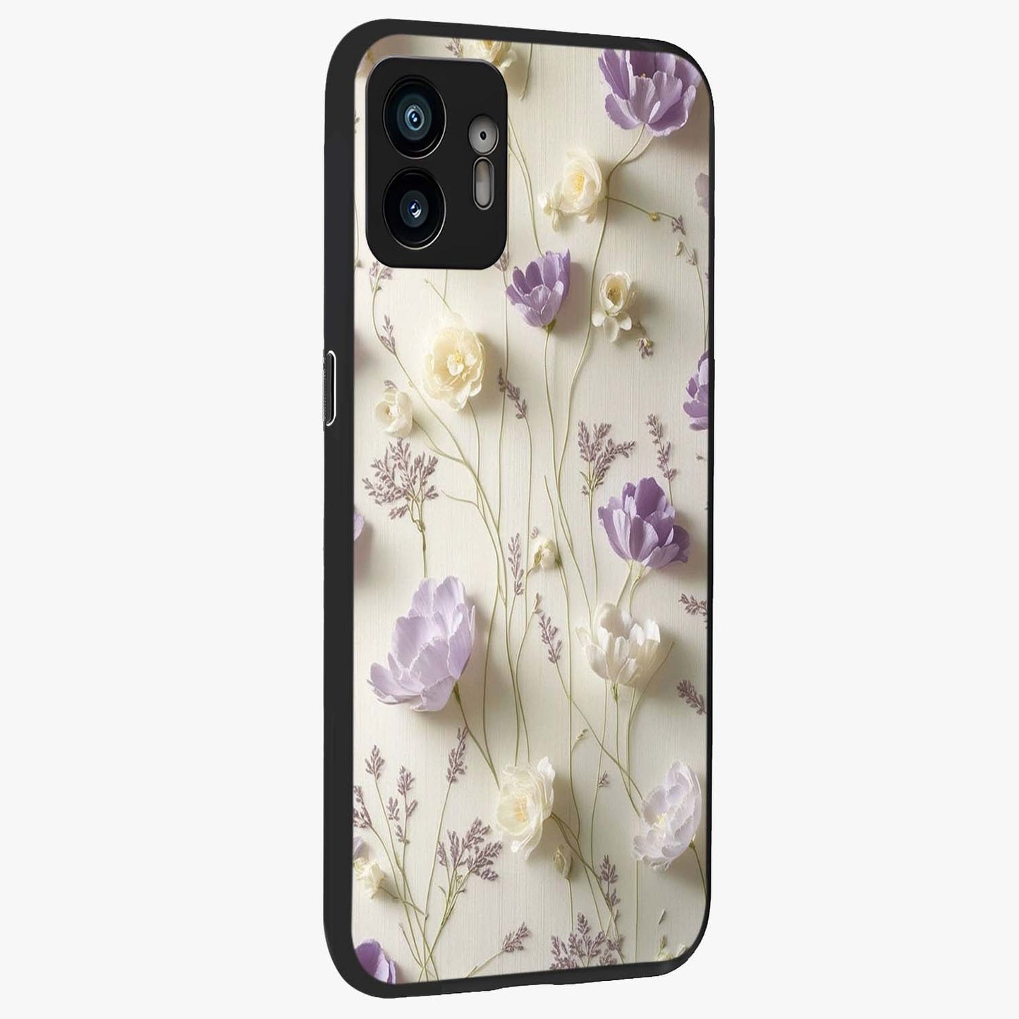 Lilac Breeze Harmony Glass Case upright view showcasing delicate lilac artwork with peaceful floral theme.