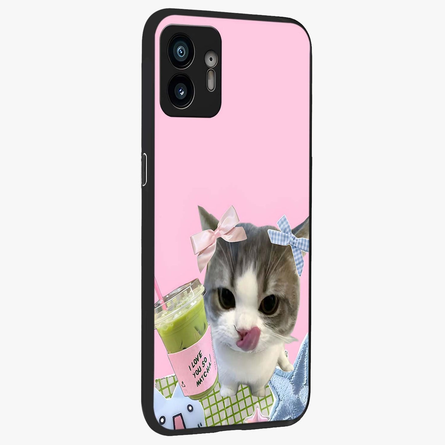 Love Matcha Cat Glass Case upright view showcasing adorable cat artwork with charming matcha themed design.