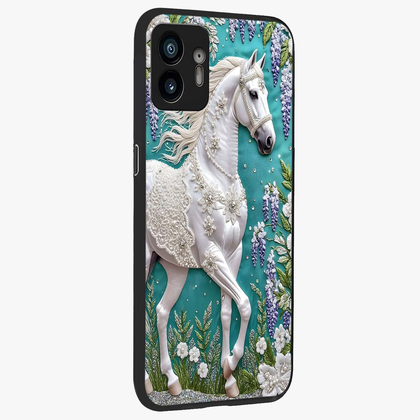 Majestic Floral Stallion Glass Case upright view showcasing dramatic horse artwork with decorative floral theme.