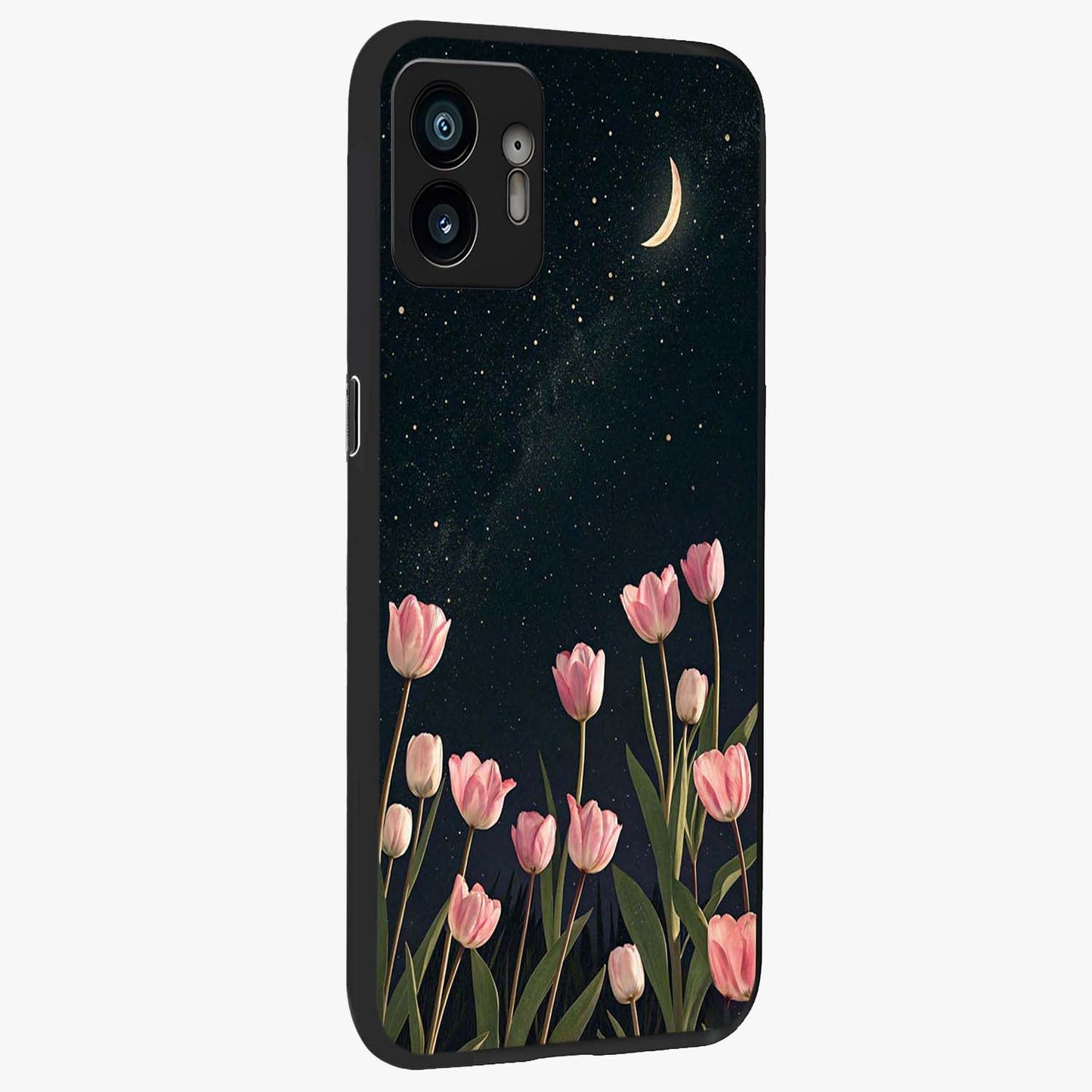 Midnight Tulip Whispers Vibe Glass Case upright view showcasing graceful tulip artwork with calm botanical theme.