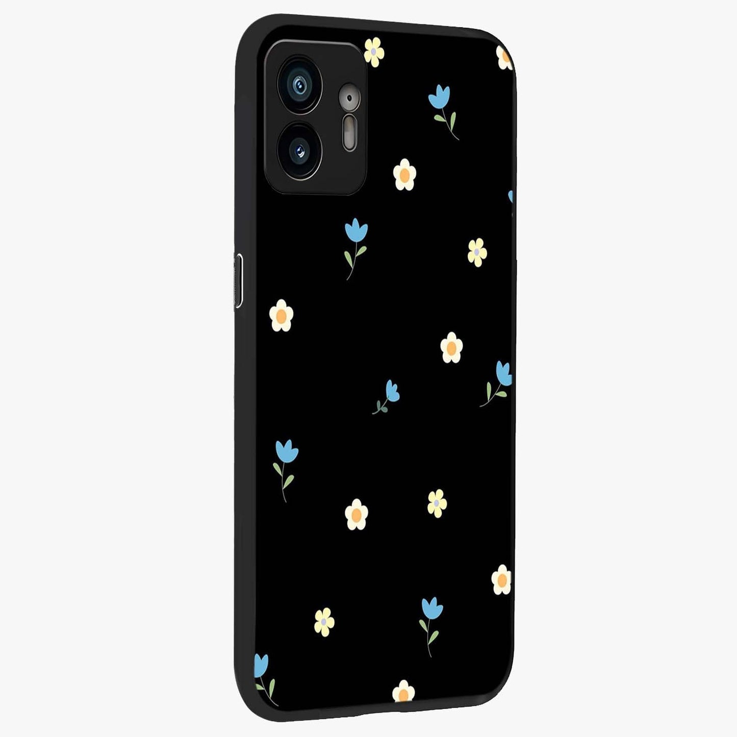 Minimal Petal Whispers Glass Case upright view showcasing elegant floral artwork with modern minimalist style.