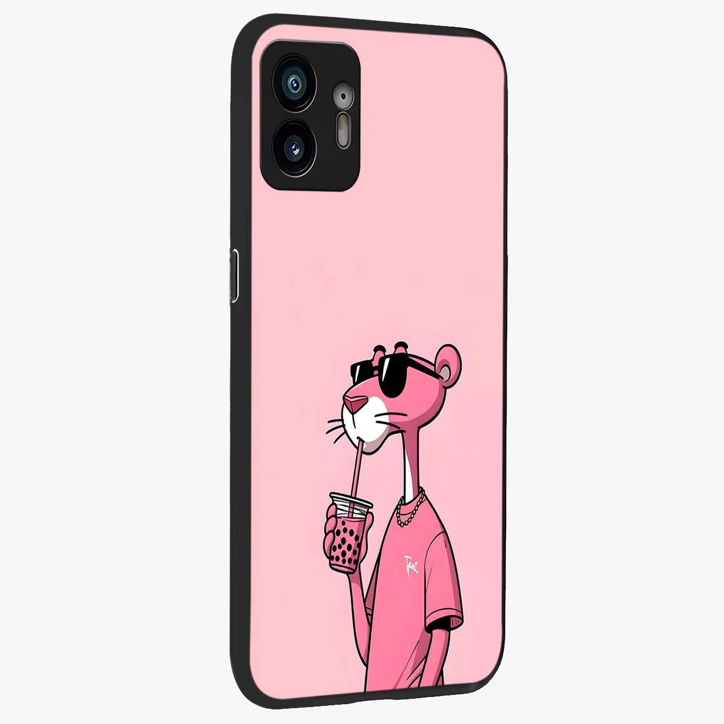 Pink Panther Glass Case upright view showcasing fun animated artwork with stylish retro cartoon theme.