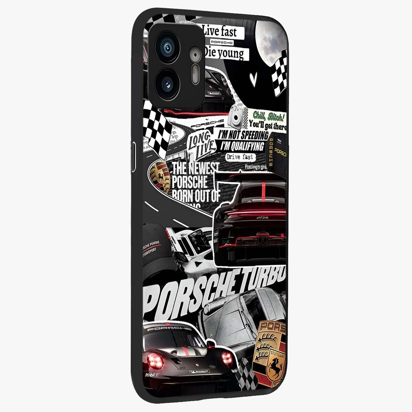 Porsche Racing Collage Glass Case upright view showcasing energetic car collage artwork with high speed racing theme.
