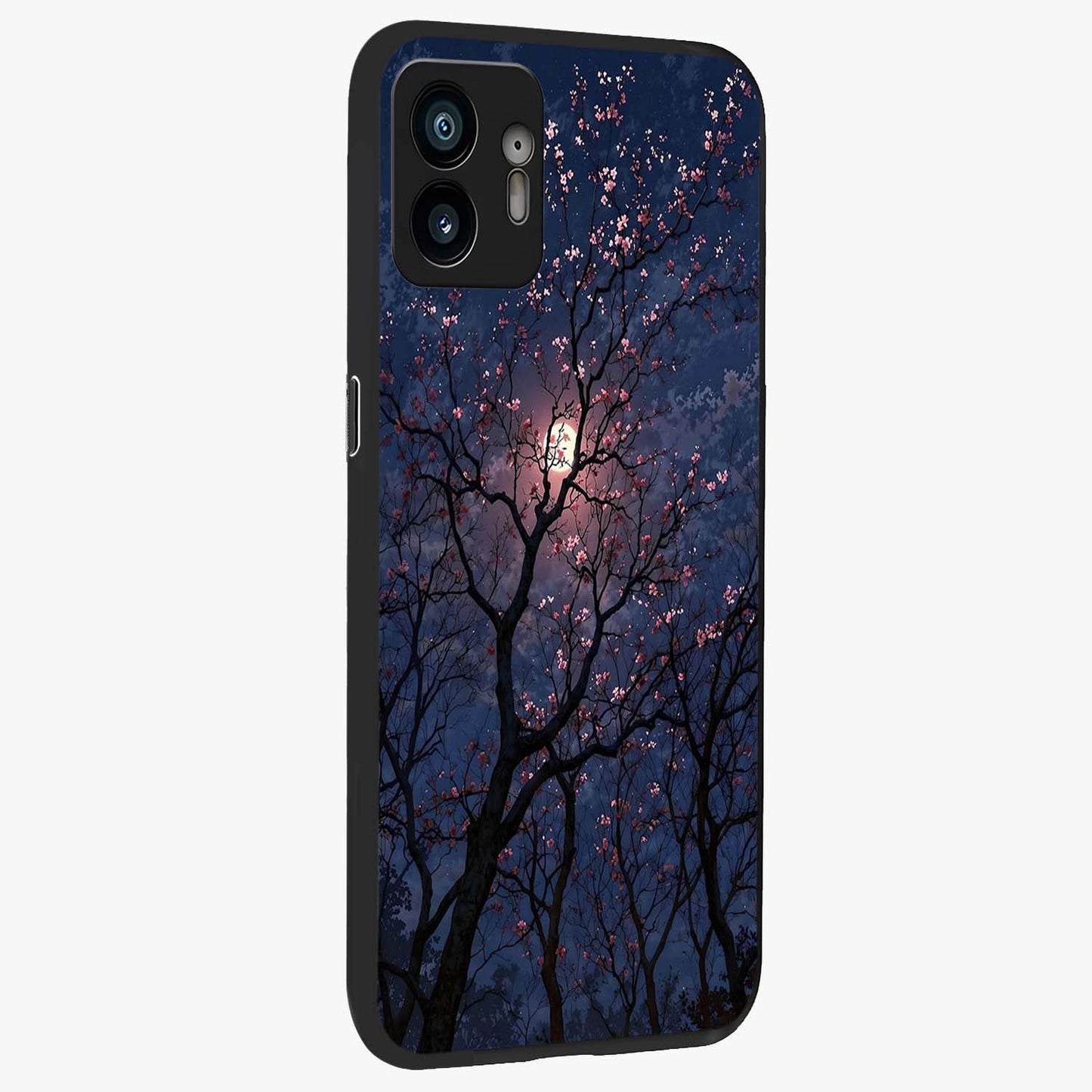 Twilight Sakura Serenade Glass Case upright view showcasing beautiful cherry blossom artwork with serene evening theme.