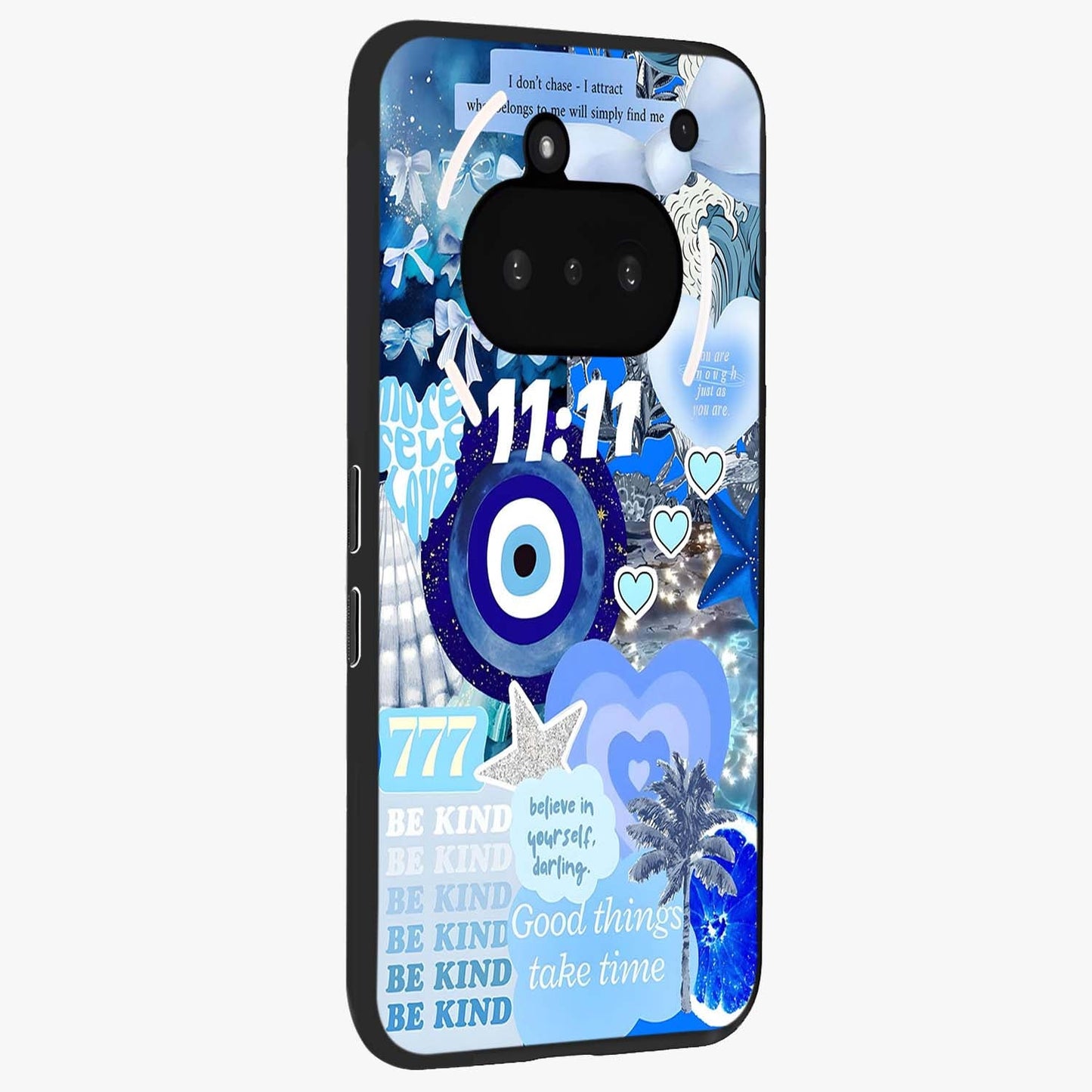 Aesthetic Be Kind Eye Glass Case upright view showcasing stylish eye illustration with positive message theme.