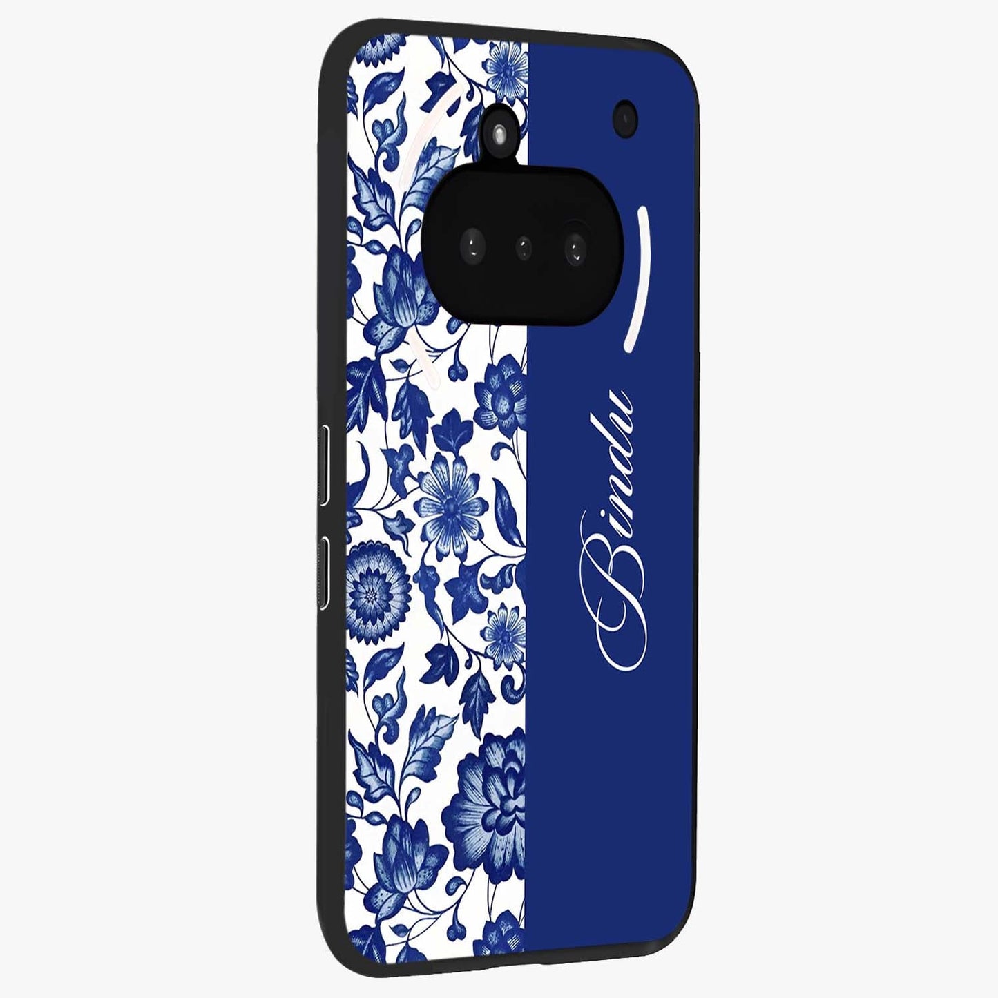Blue Vintage Floral Pattern Glass Case upright view showcasing delicate blush floral texture with modern minimal style.