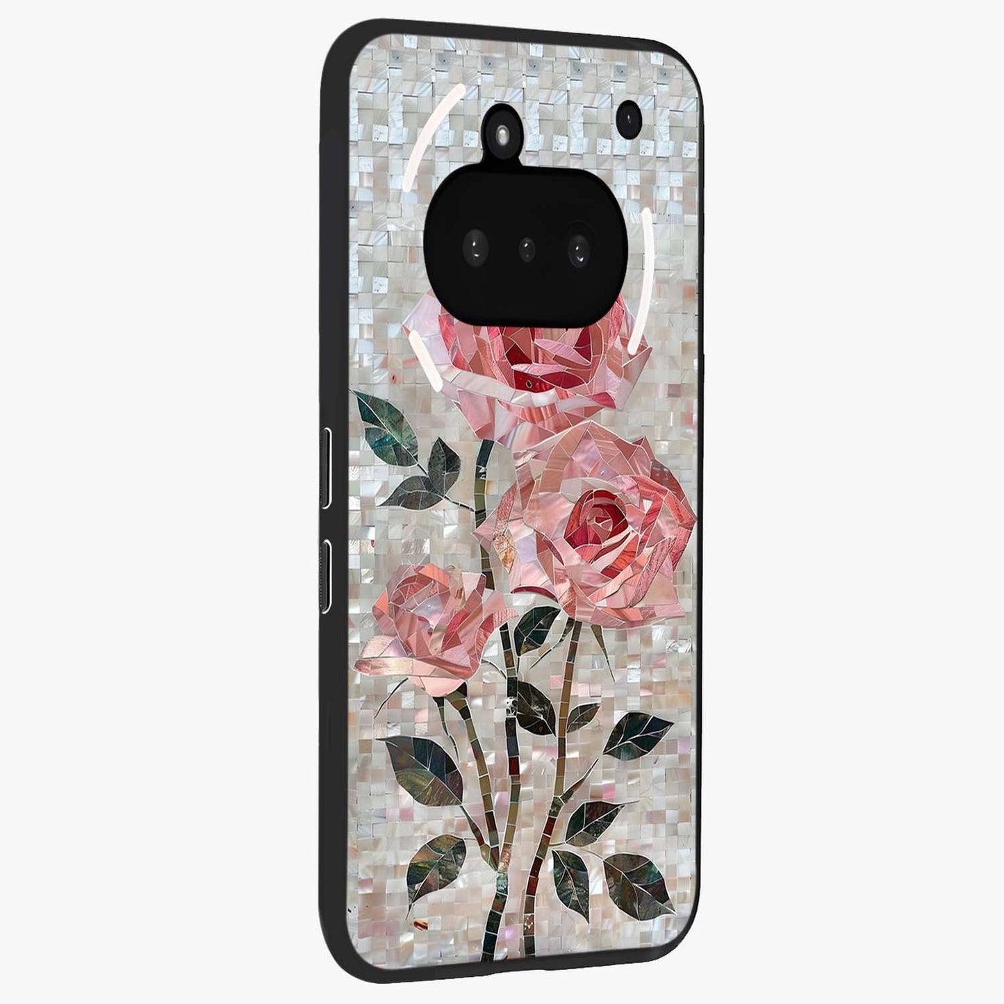 Blush Mosaic Bloom Glass Case upright view showcasing decorative floral mosaic artwork with stylish modern aesthetic.