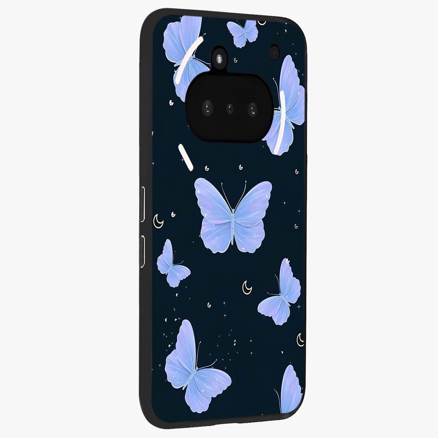 Butterfly With Stars Pattern Glass Case upright view showcasing celestial butterfly artwork with sparkling star elements.