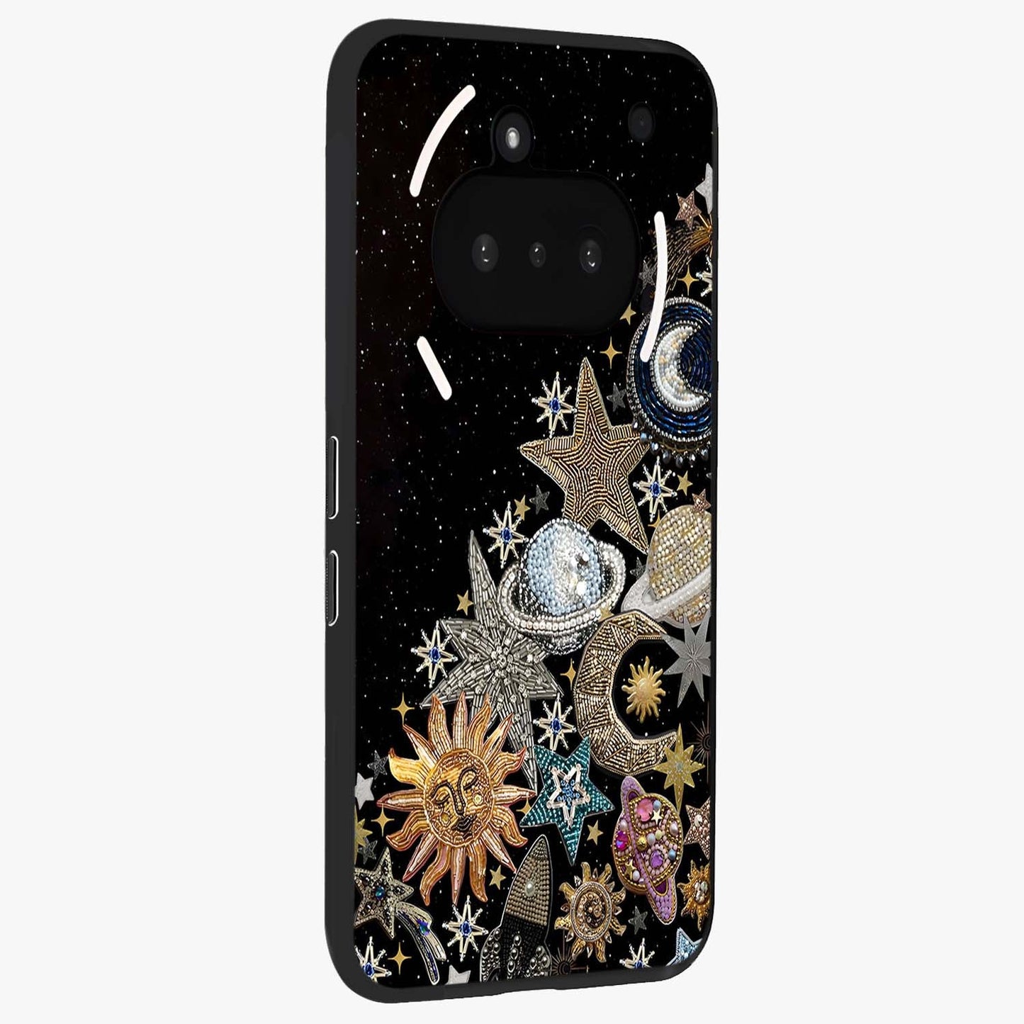 Cosmic Sparkle Dreams Glass Case upright view showcasing glowing cosmic artwork with magical galaxy theme.