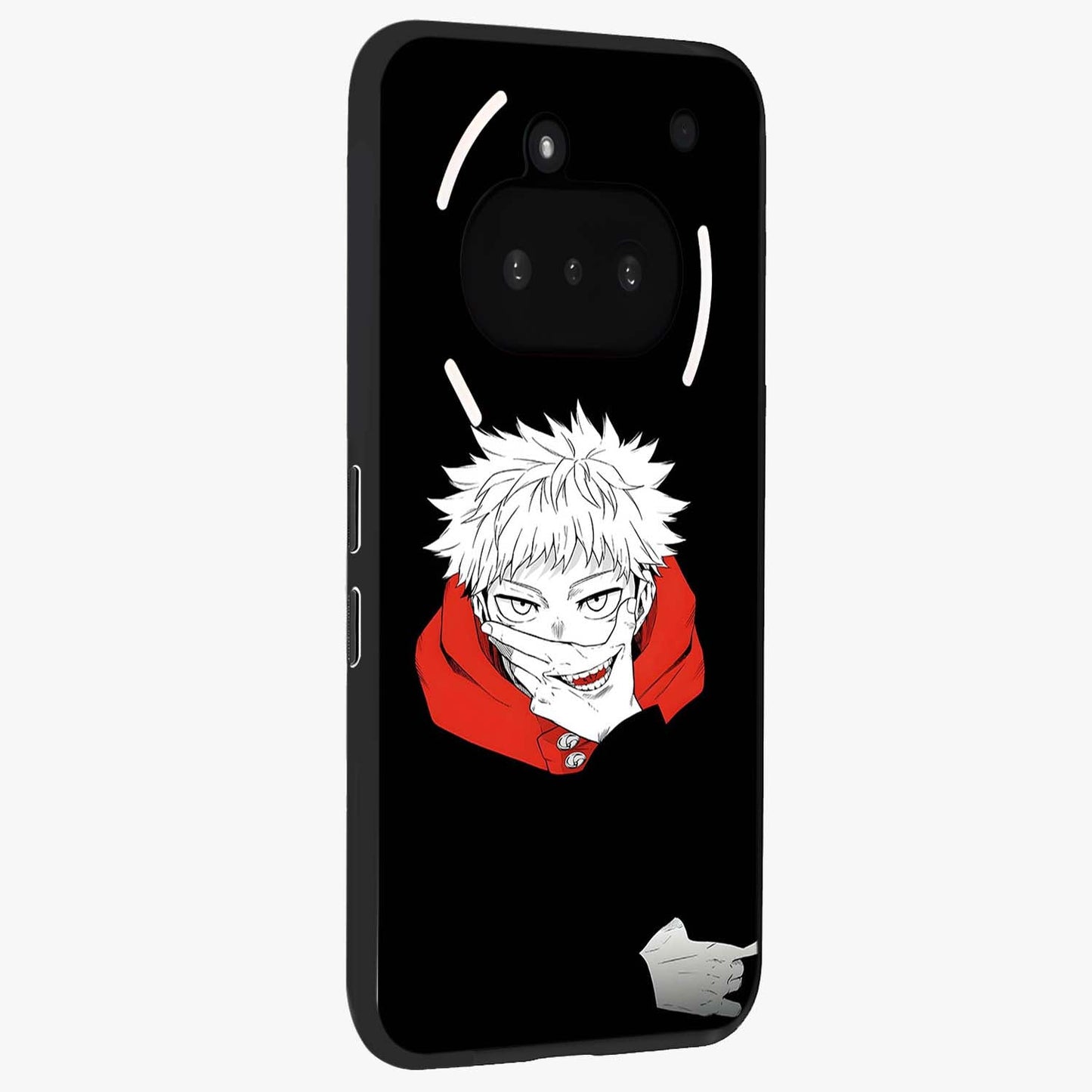 Crimson Chaos Smile Glass Case upright view showcasing expressive chaotic artwork with striking visual theme.