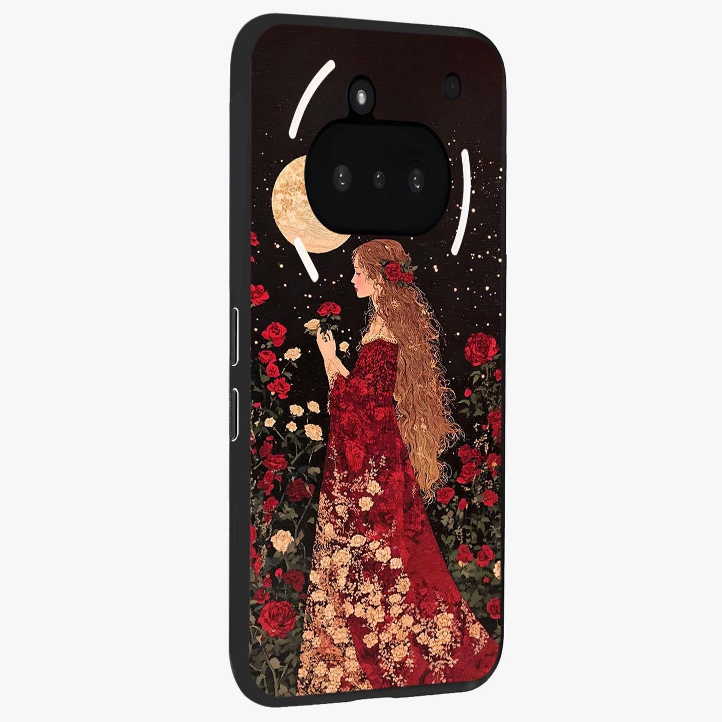 Crimson Dreams Glass Case upright view showcasing dreamy red toned artwork with modern aesthetic style.