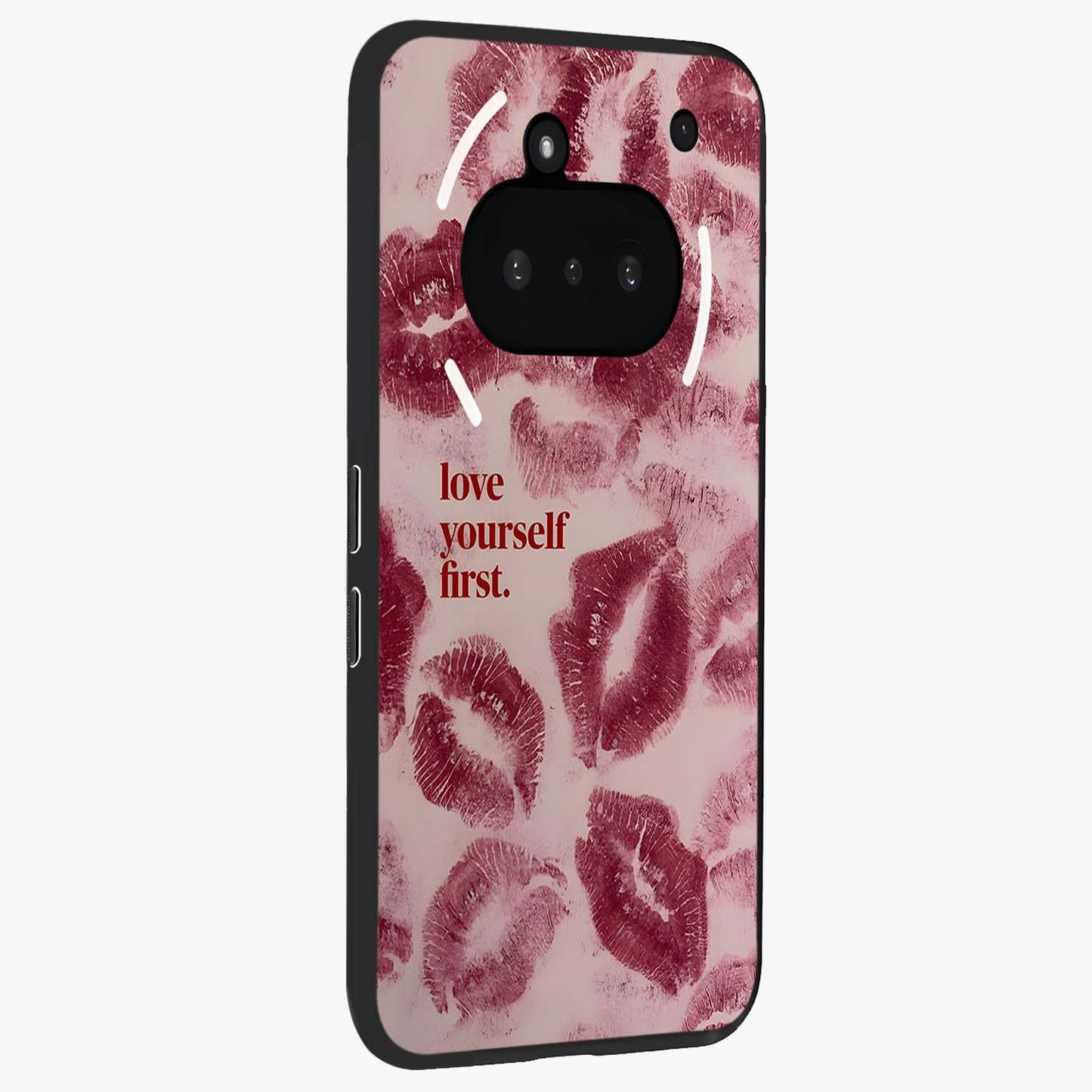 Crimson Kiss Love Glass Case upright view showcasing expressive romantic artwork with deep crimson theme.