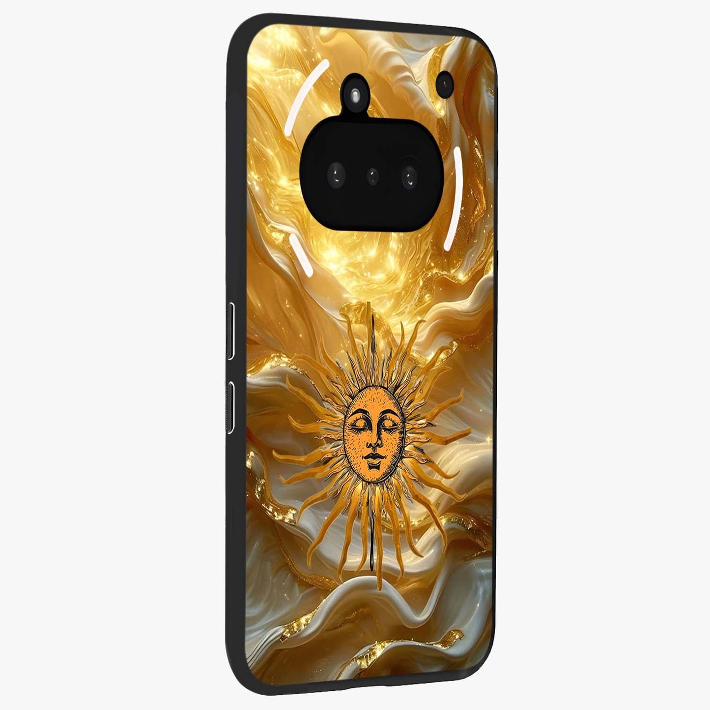 Eternal Golden Glow Glass Case upright view showcasing luminous golden artwork with luxurious visual theme.