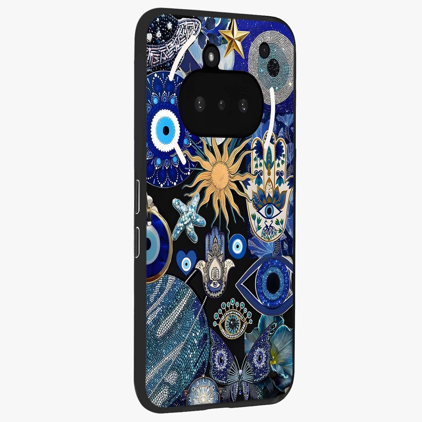 Evil Eye Charm Mix Glass Case upright view showcasing mystical evil eye pattern with vibrant decorative style.