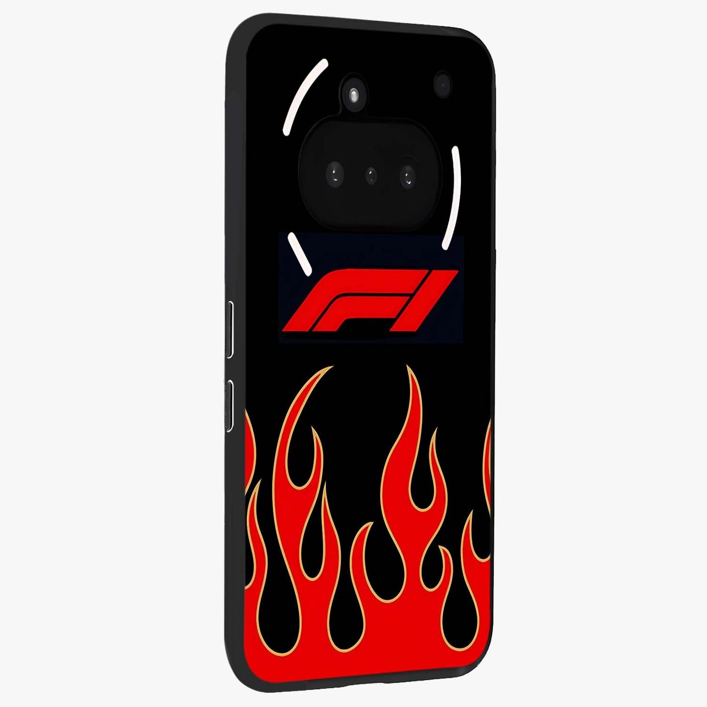 Fire F11 Glass Case upright view showcasing dynamic flame artwork with intense visual theme.