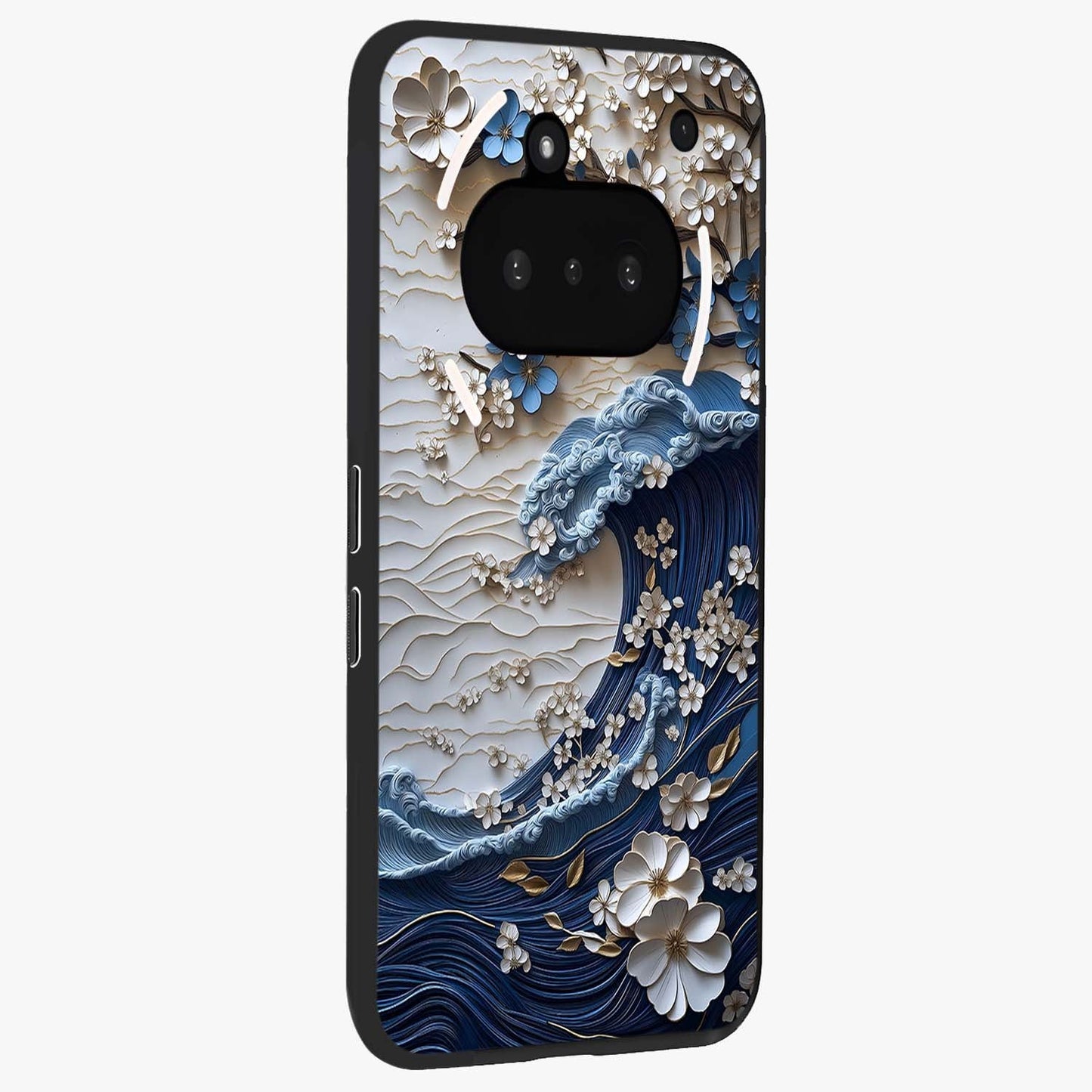 Floral Wave Origami Glass Case upright view showcasing creative floral origami artwork with artistic decorative theme.