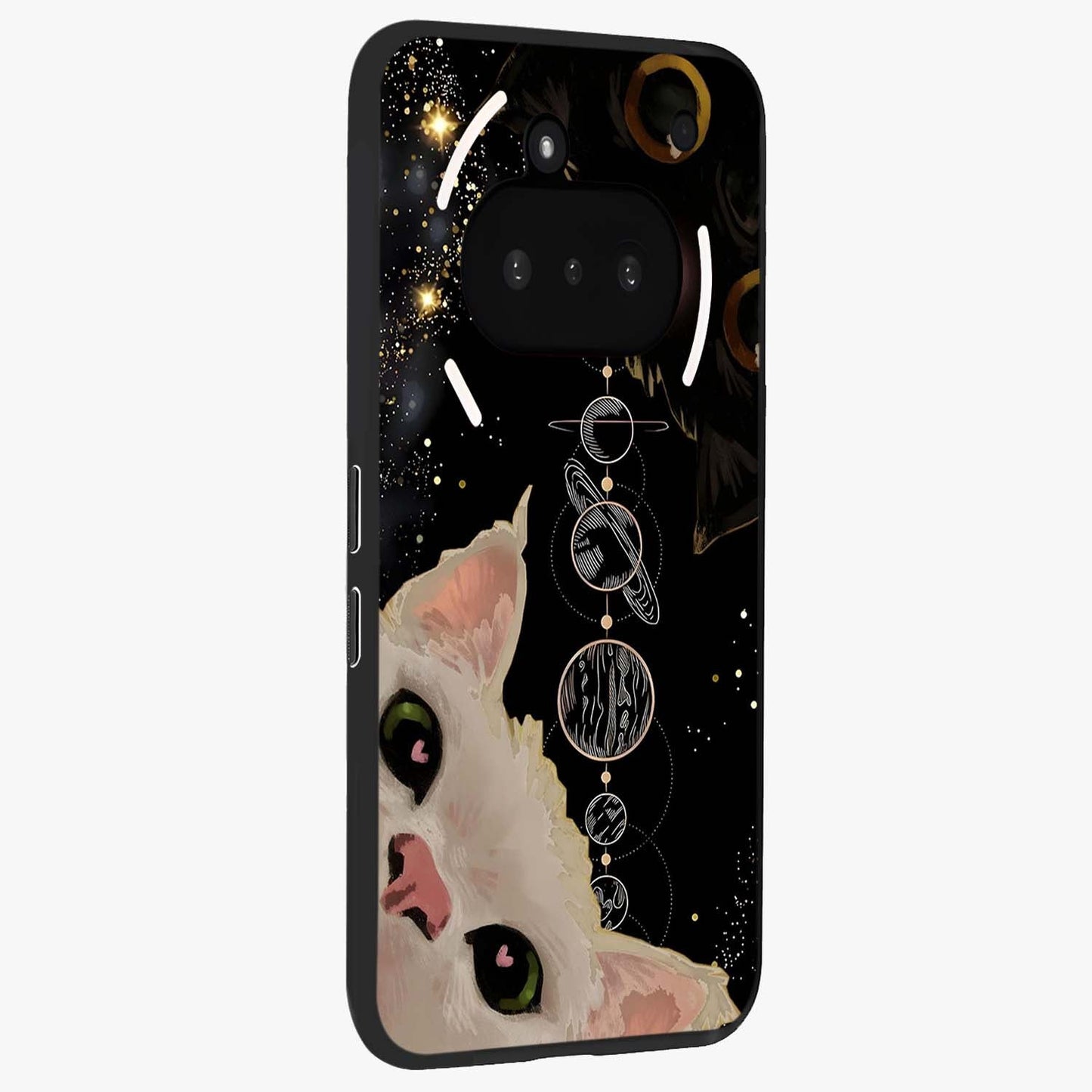 Galactic Cat Glass Case upright view showcasing mystical cat artwork with dreamy cosmic theme.