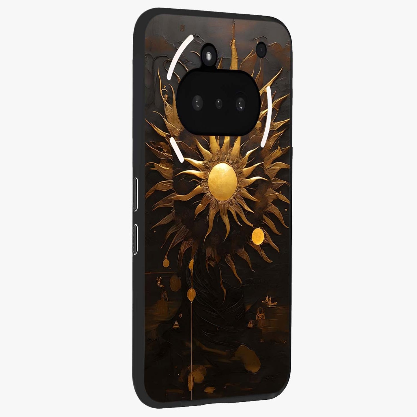Golden Sun Majesty Glass Case upright view showcasing haunting graveyard artwork with dramatic dark theme.