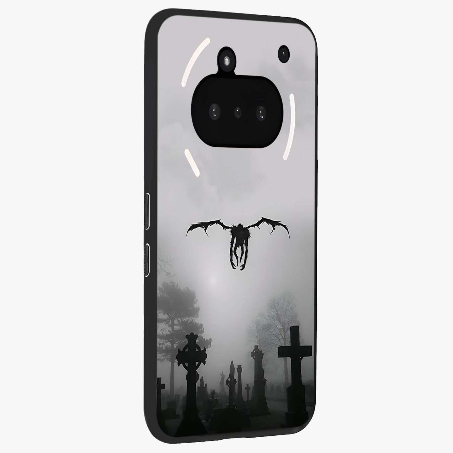 Graveyard Shadow Descent Glass Case upright view showcasing haunting graveyard artwork with dramatic dark theme.
