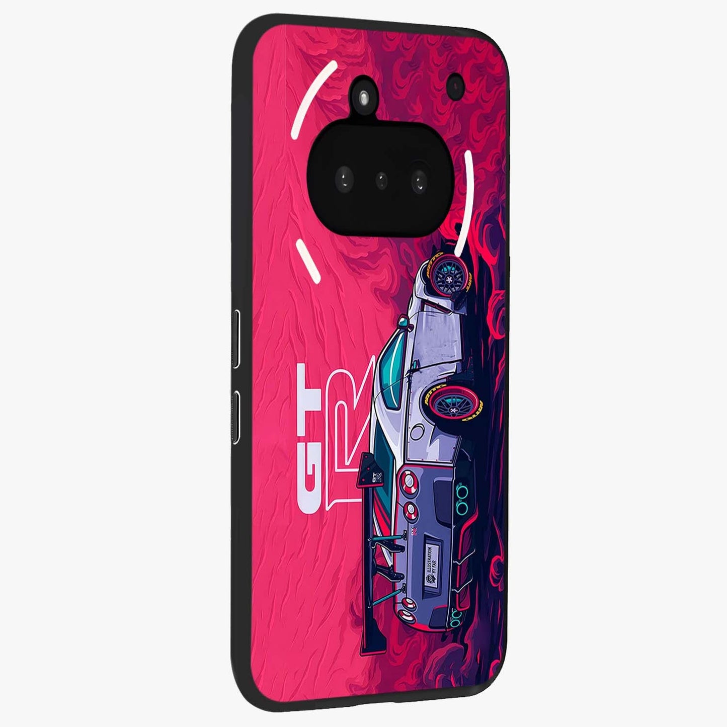GT-R Car Pattern Glass Case upright view showcasing dynamic car pattern artwork with modern sports theme.