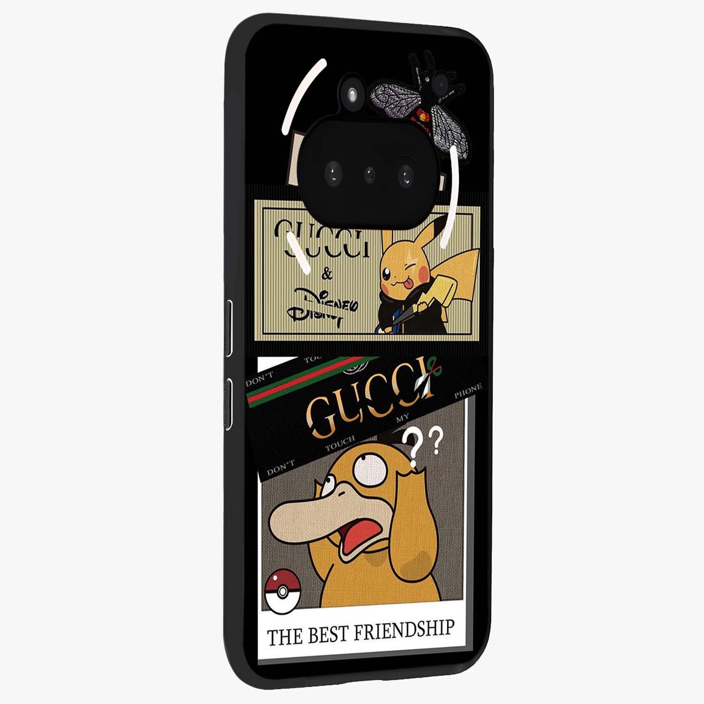 Gucci Play Mashup Glass Case upright view showcasing trendy luxury inspired artwork with modern fashion theme.
