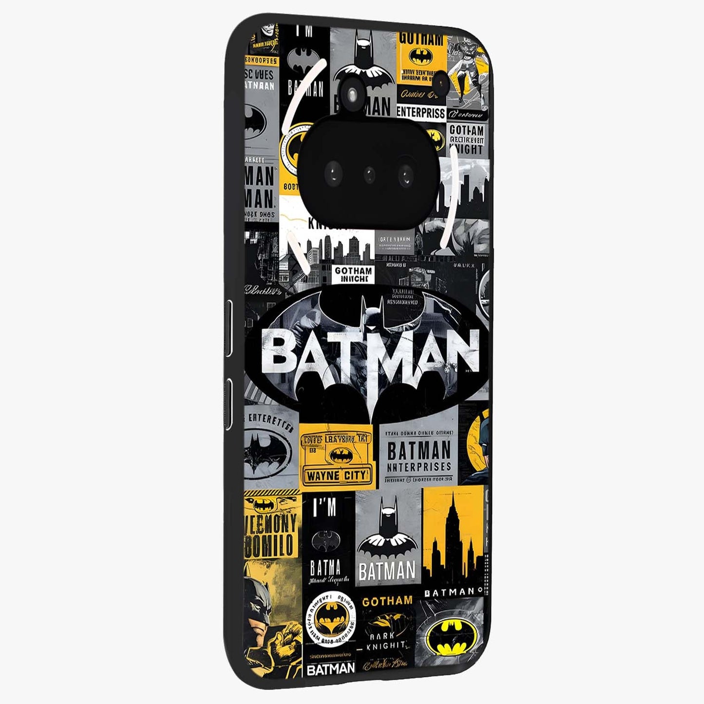 Knight Gotham Rise Glass Case upright view showcasing bold vigilante themed artwork with gothic city vibe.