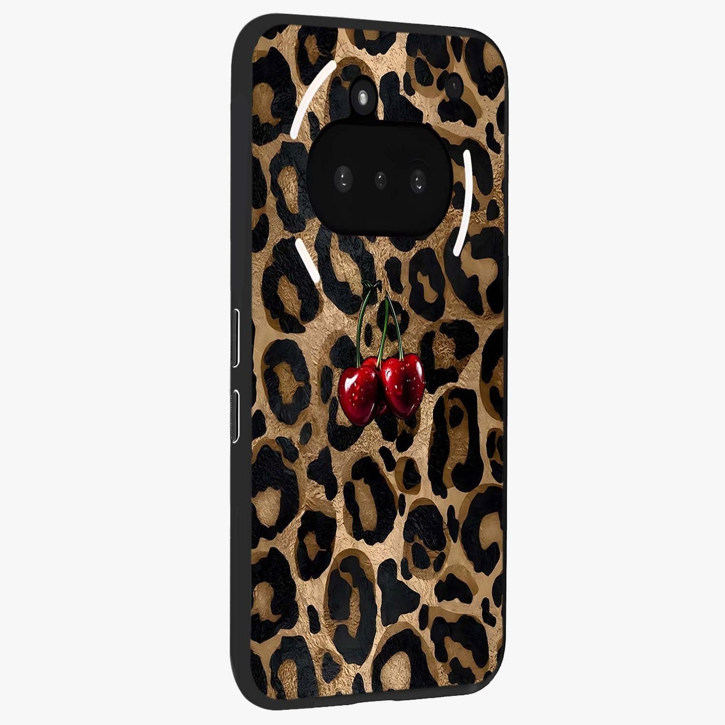 Leopard Wild Cherry Glass Case upright view showcasing stylish leopard pattern artwork with trendy fashion theme.