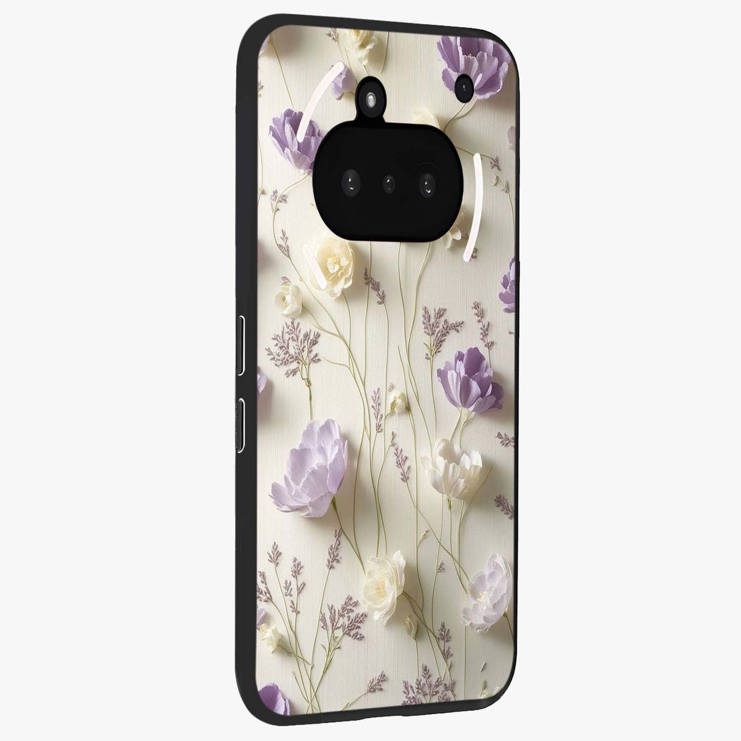 Lilac Breeze Harmony Glass Case upright view showcasing delicate lilac artwork with peaceful floral theme.