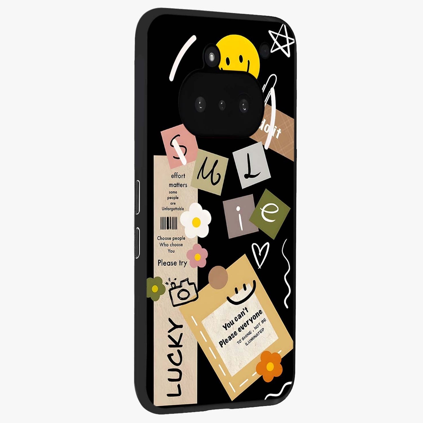 Lucky Aesthetic Collage Glass Case upright view showcasing vibrant collage artwork with youthful aesthetic theme.