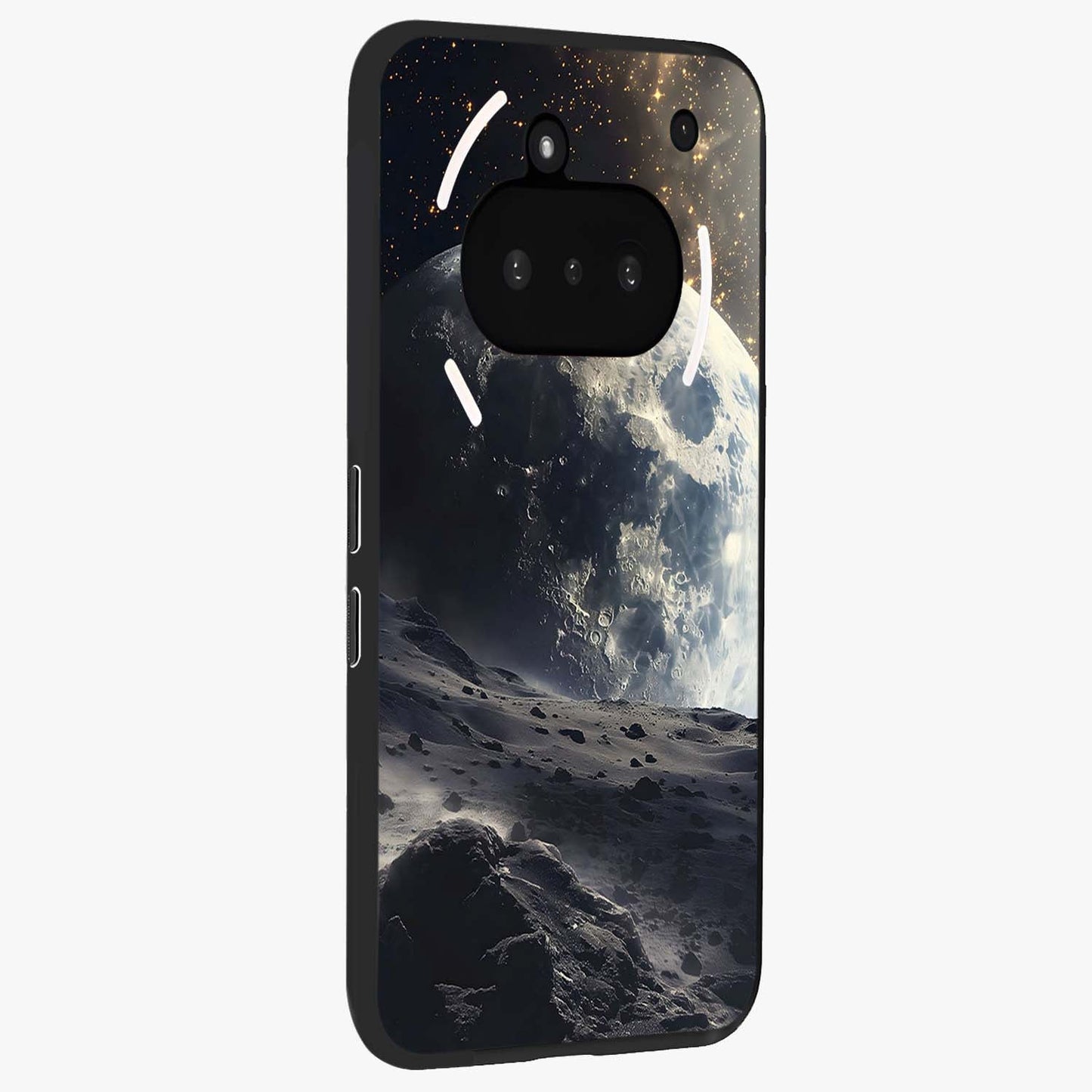 Lunar Horizon Glow Glass Case upright view showcasing radiant lunar artwork with calm cosmic theme.
