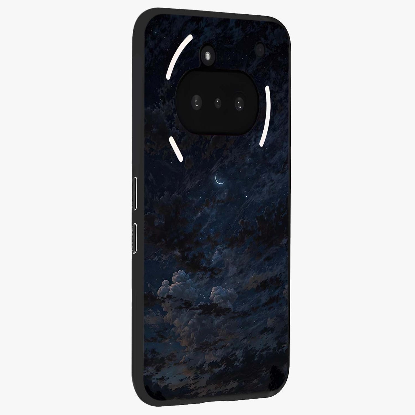 Lunar Veil Silence Glass Case upright view showcasing calm moon themed artwork with serene night atmosphere.