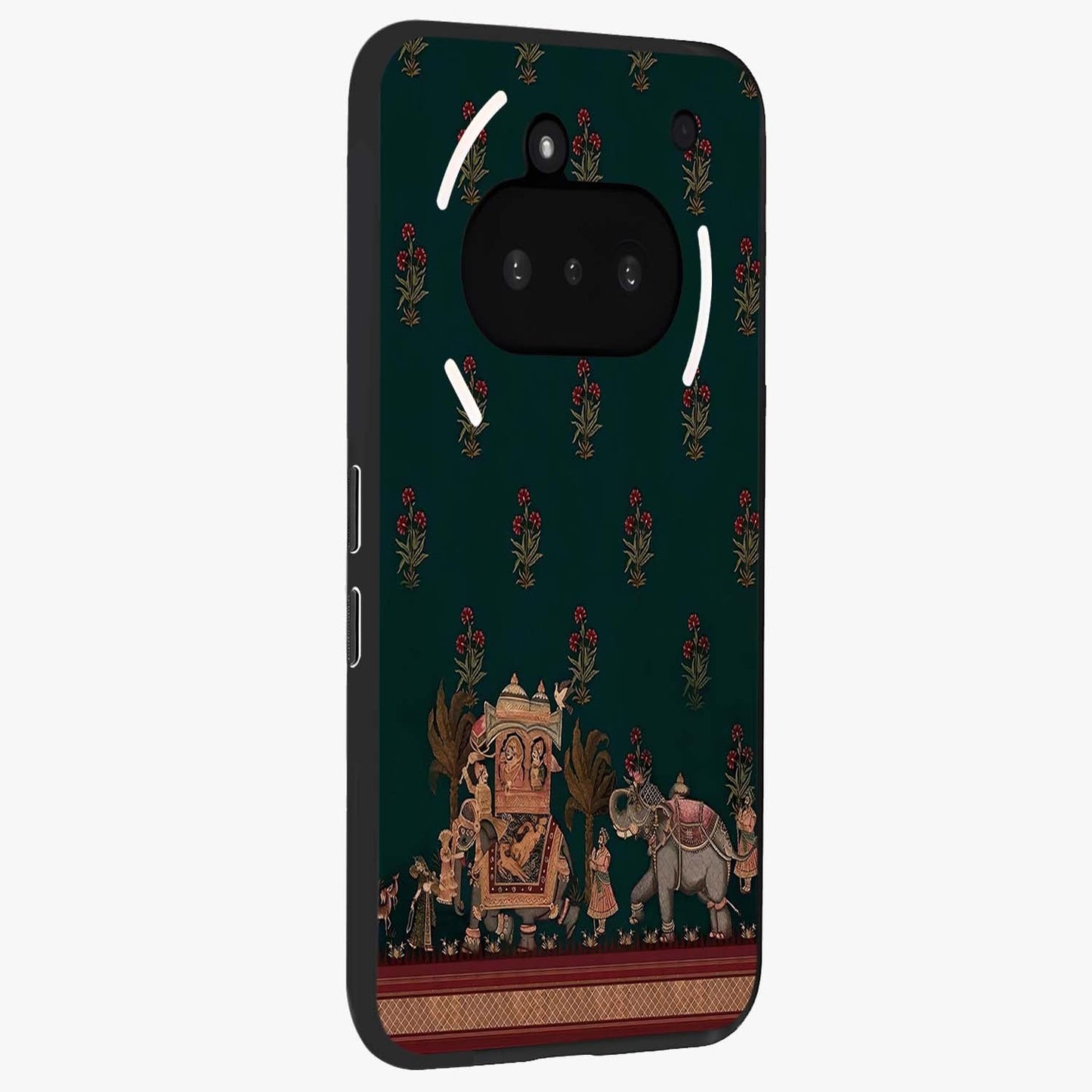 Macmerise Glass Case upright view showcasing bold artistic artwork with contemporary design theme.