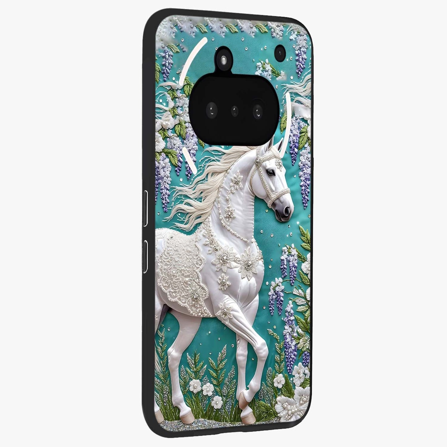 Majestic Floral Stallion Glass Case upright view showcasing dramatic horse artwork with decorative floral theme.