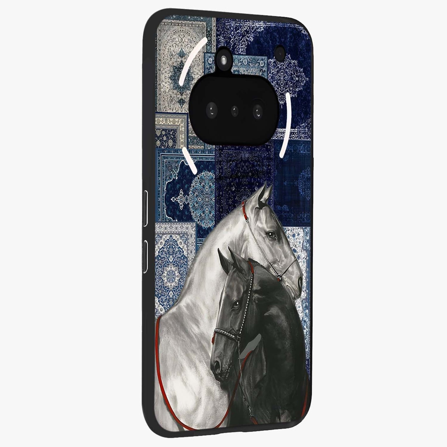 Midnight Stallion Blues Glass Case upright view showcasing dramatic horse artwork with bold artistic theme.