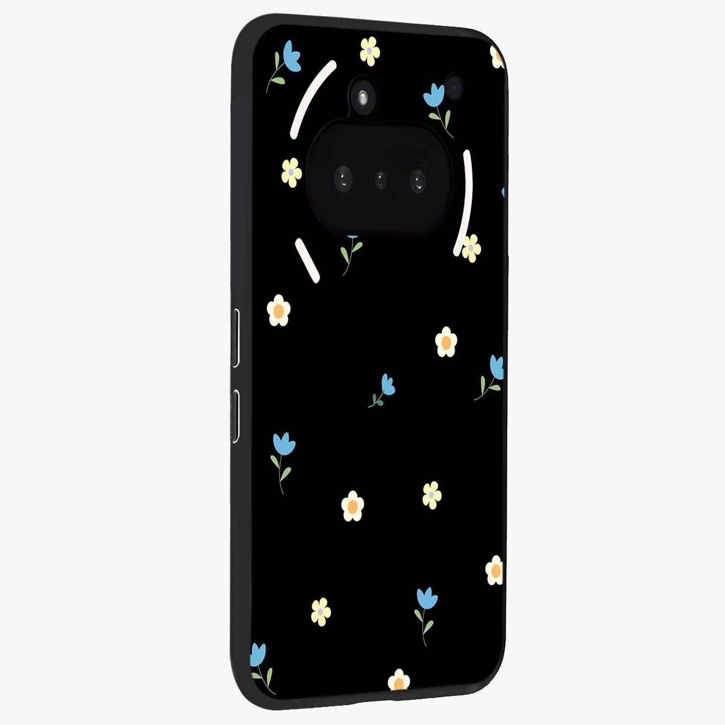 Minimal Petal Whispers Glass Case upright view showcasing elegant floral artwork with modern minimalist style.