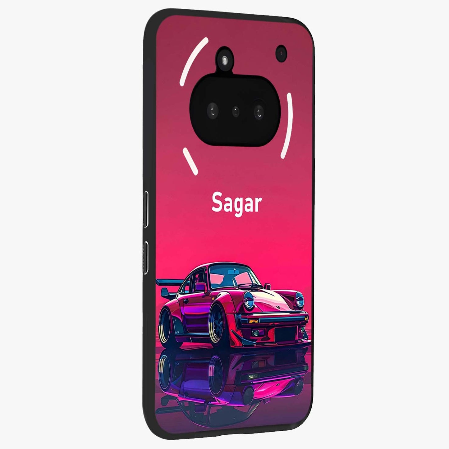 Neon Pink Porsche Glass Case upright view showcasing vibrant sports car artwork with bold automotive theme.
