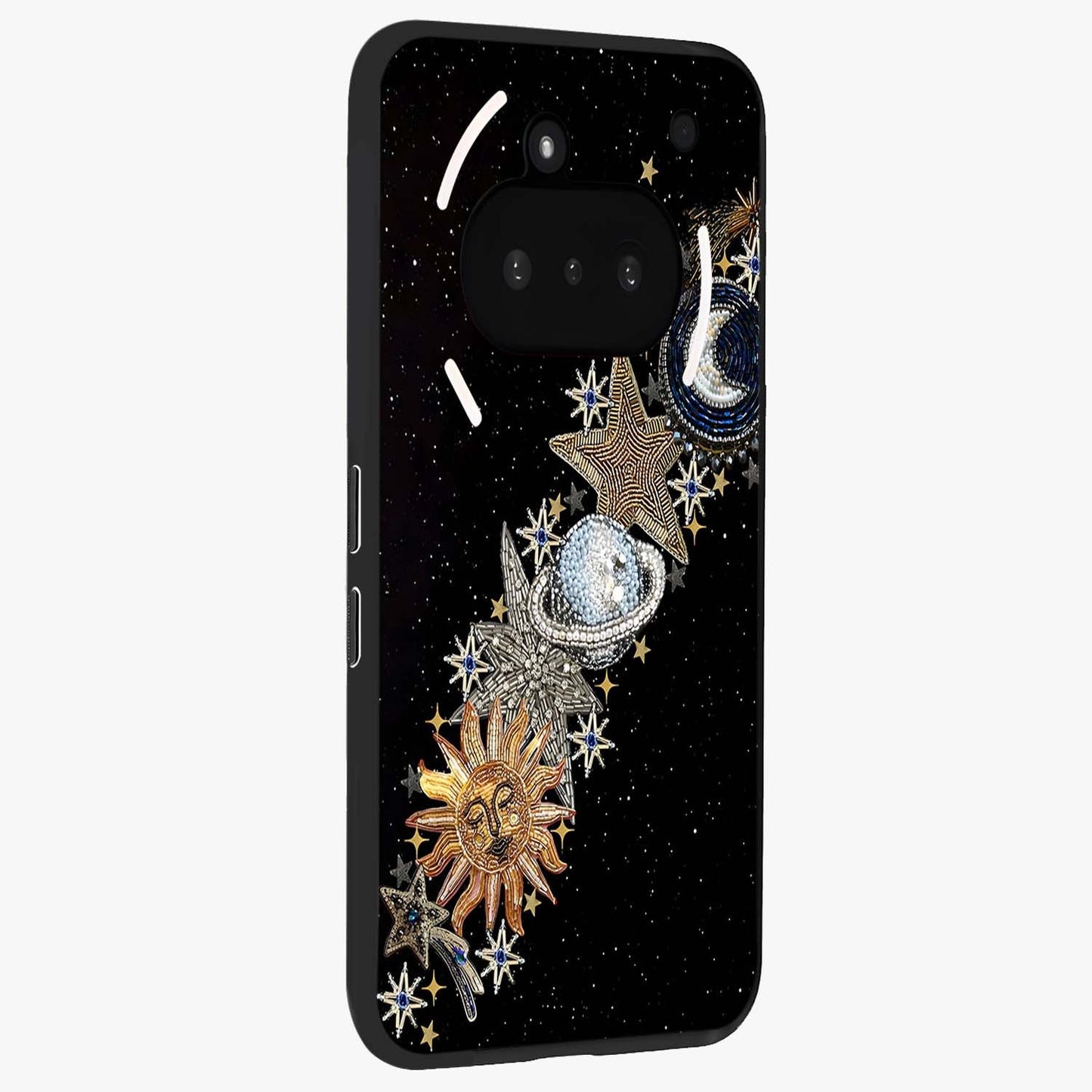 Pearls Universe Object Glass Case upright view showcasing decorative pearl themed artwork with cosmic elegance.