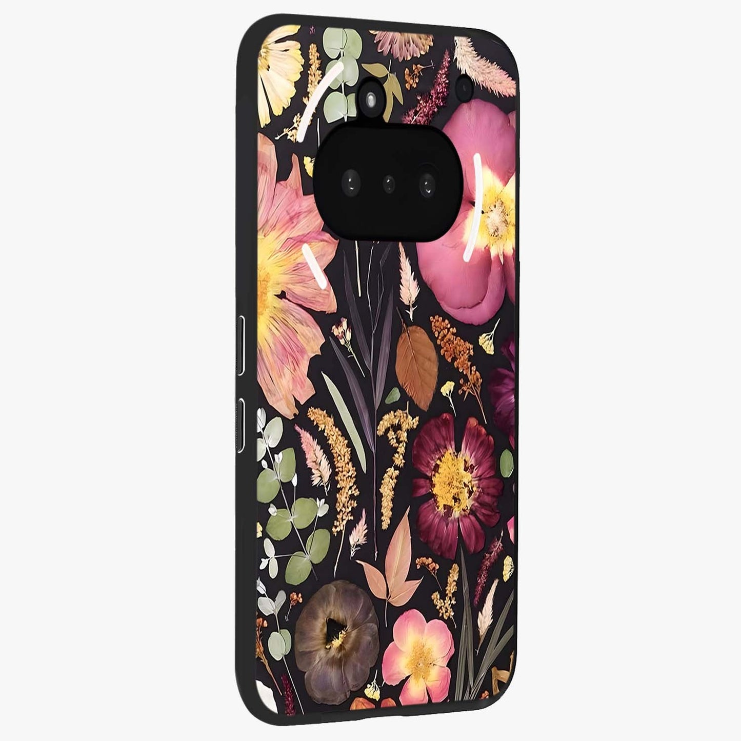 Petal Dream Tapestry Glass Case upright view showcasing detailed floral tapestry artwork with artistic nature theme.