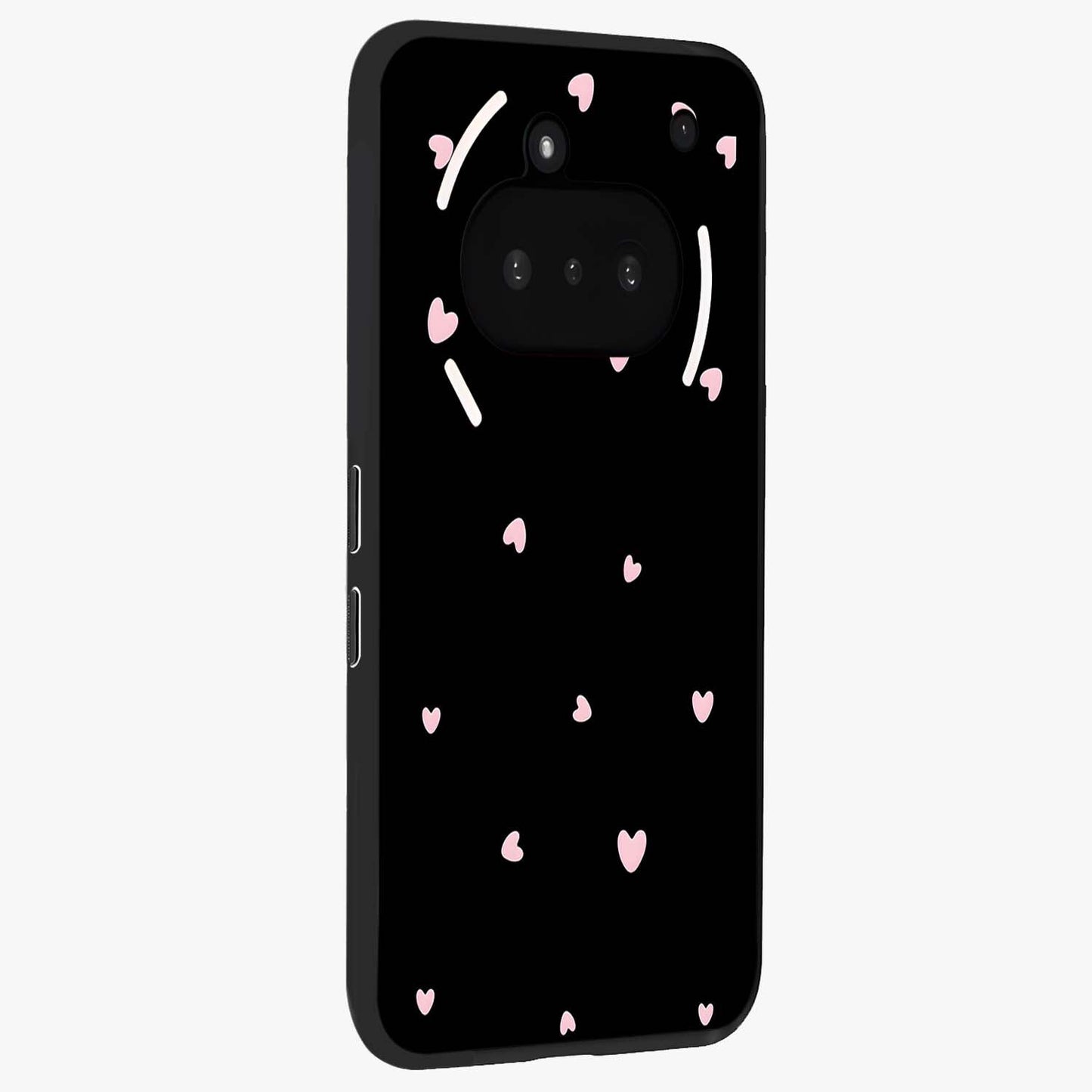 Pink Love Drops Glass Case upright view showcasing charming heart drop artwork with romantic playful theme.