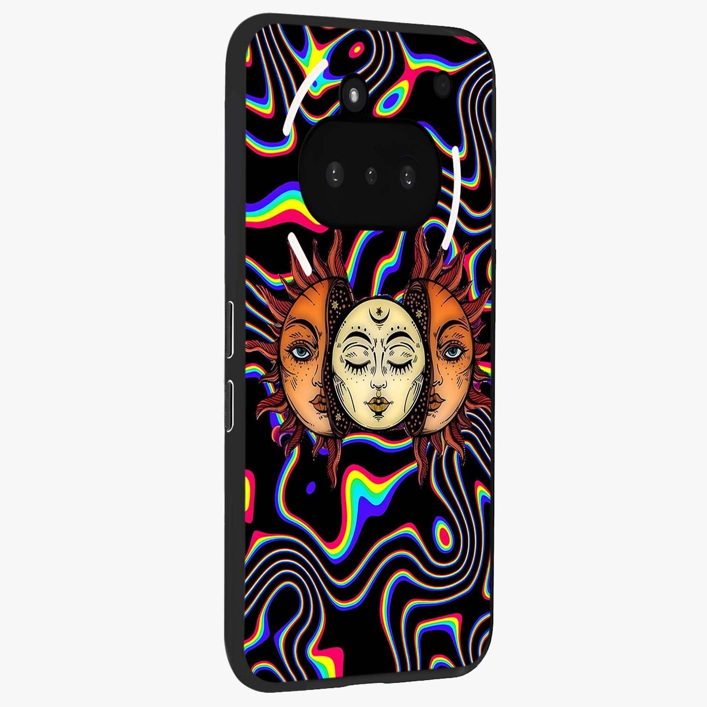 Psychedelic Sun Glass Case upright view showcasing trippy sun artwork with bold psychedelic theme.