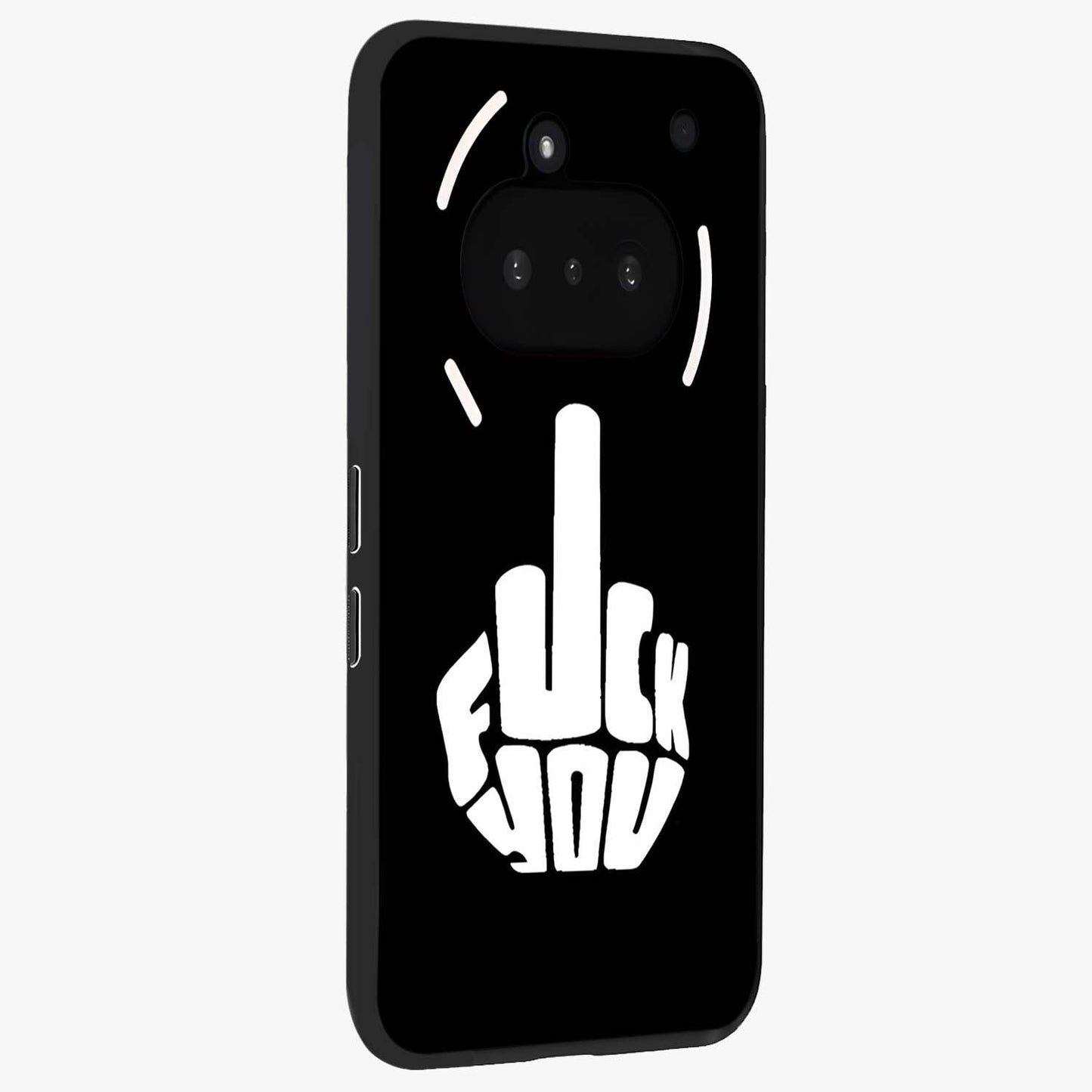 Rebel Mode On Glass Case upright view showcasing striking statement artwork with bold rebellious theme.