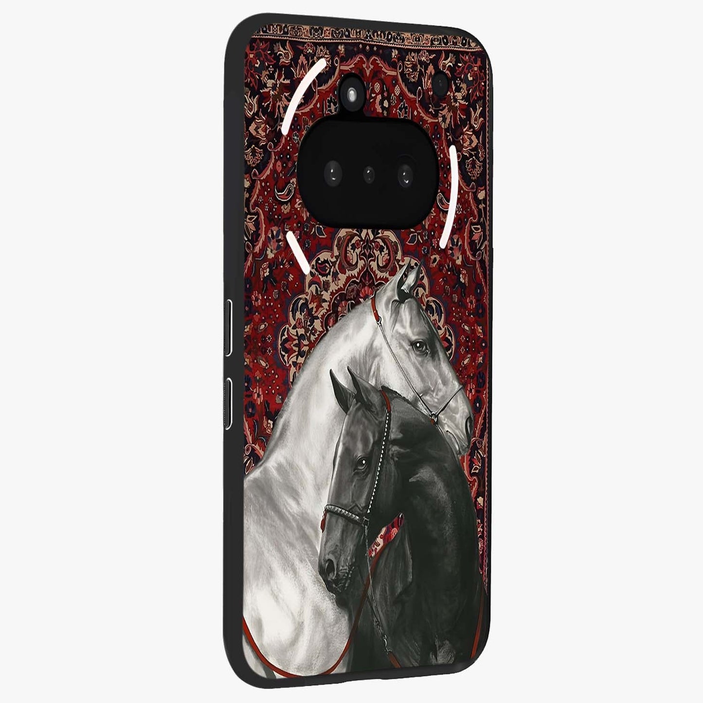 Regal Stallion Tapestry Glass Case upright view showcasing powerful horse artwork with elegant tapestry theme.