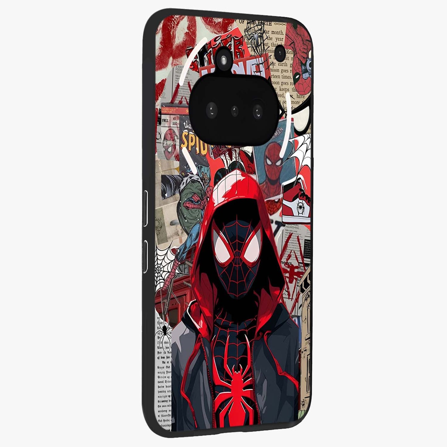 Spider Collage Street Glass Case upright view showcasing bold superhero artwork with urban street theme.