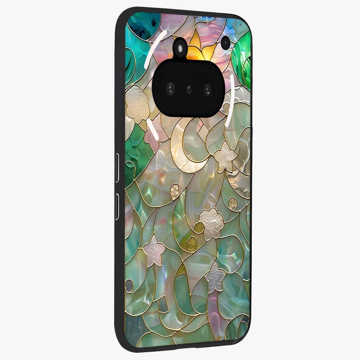 Stained Sunrise Glow Glass Case upright view showcasing colorful sunrise artwork with warm morning theme.