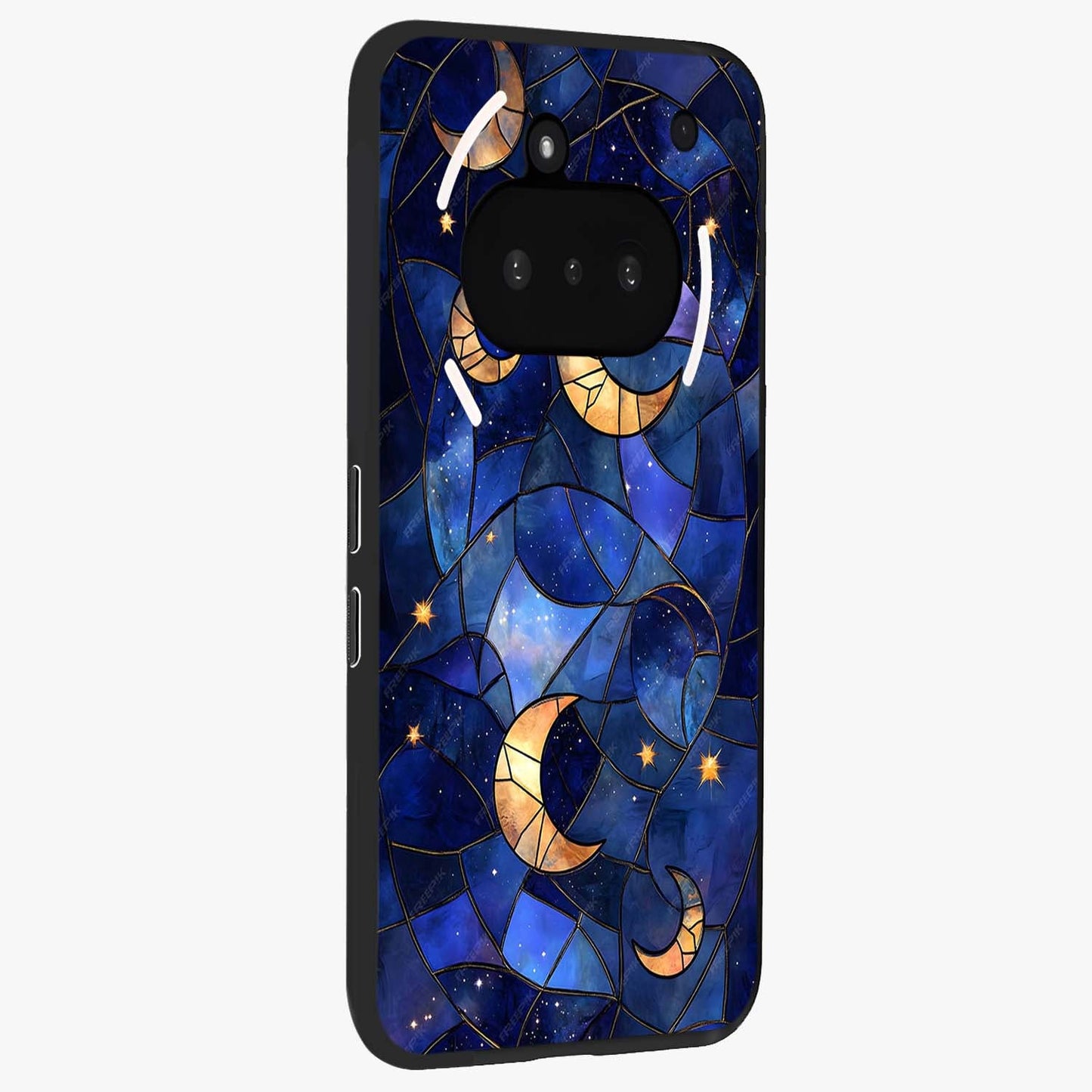Starlit Sky Tapestry Glass Case upright view showcasing elegant starry sky artwork with cosmic decorative theme.